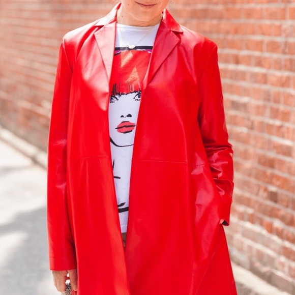 Theory Longline Leather Red Jacket Coat